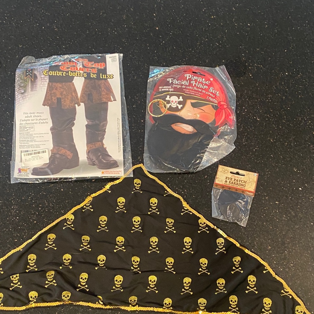 Pirate Costume Set-New, Skull Bandana, beard,shoe covers, earring and eye patch